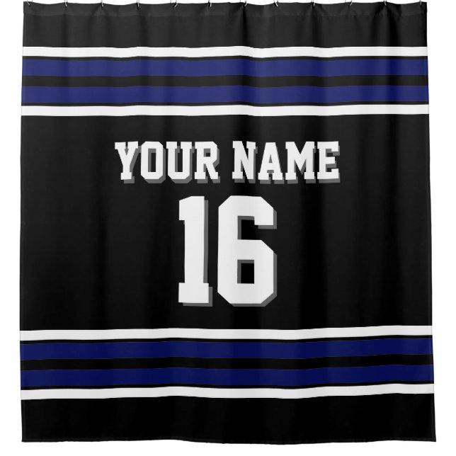 Black with Navy White Stripes Sports Jersey Shower Curtain (Front)