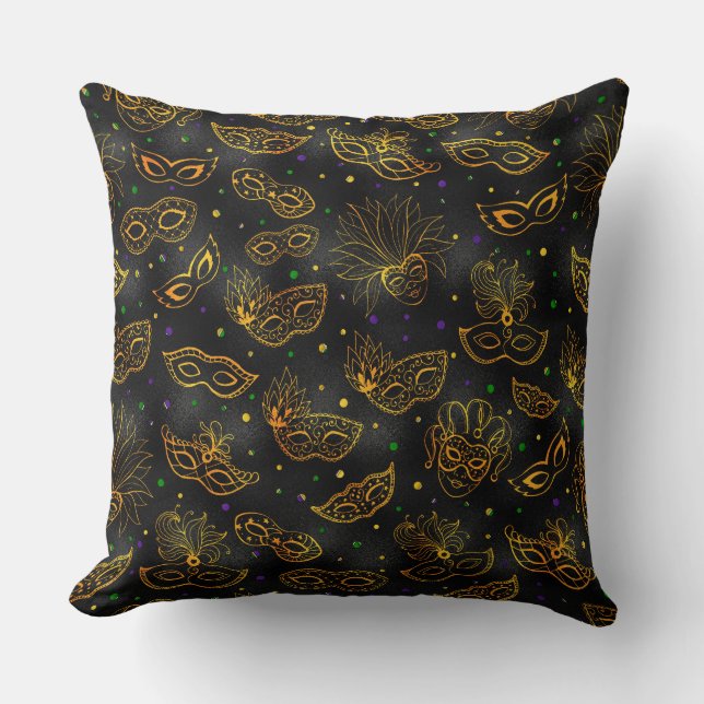 BLACK WITH ORANGE GOLD MARDI GRAS MASKS CUSHION (Front)