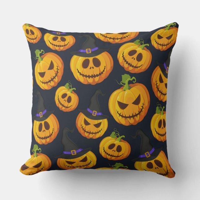 BLACK WITH ORANGE HALLOWEEN PUMPKINS WITH HATS CUSHION (Front)