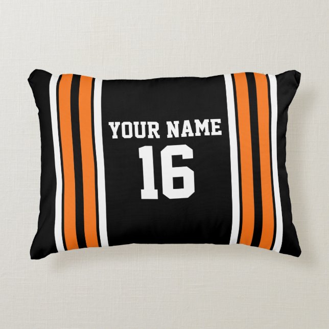 Black with Orange White Stripes Team Jersey Decorative Cushion (Front)