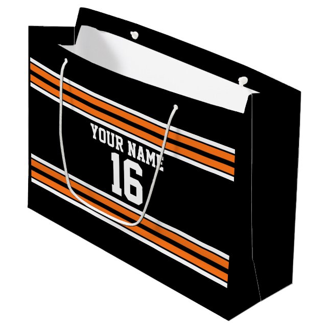 Black with Orange White Stripes Team Jersey Large Gift Bag (Front Angled)
