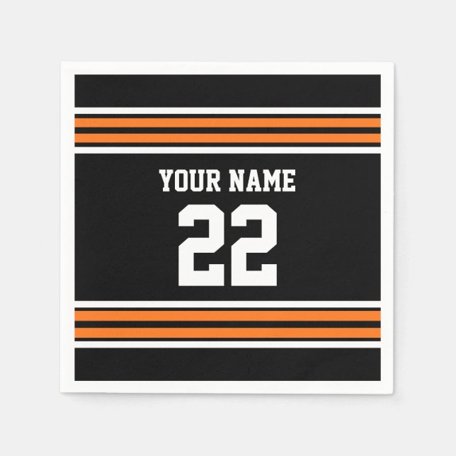 Black with Orange White Stripes Team Jersey Napkin (Front)