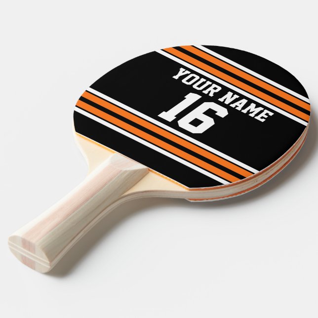 Black with Orange White Stripes Team Jersey Ping Pong Paddle (Front Angle)