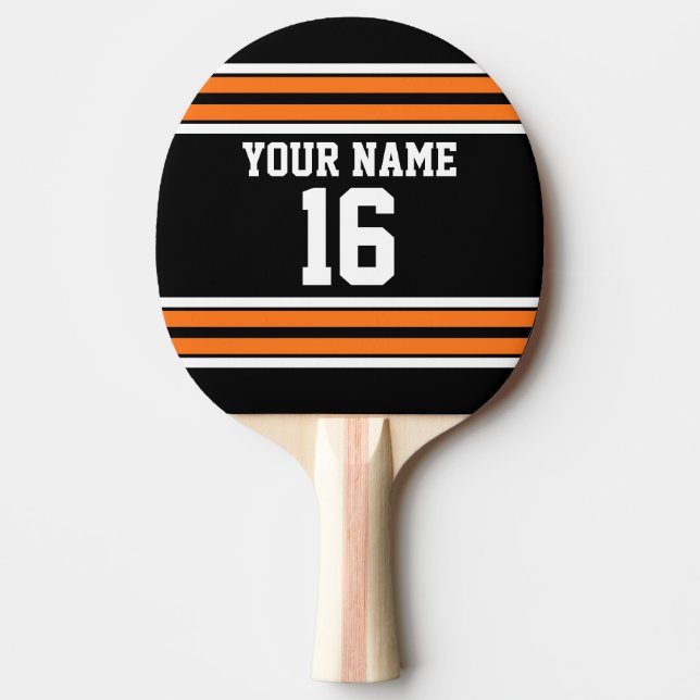 Black with Orange White Stripes Team Jersey Ping Pong Paddle (Front)