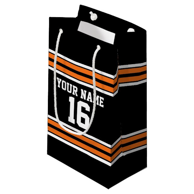 Black with Orange White Stripes Team Jersey Small Gift Bag (Front Angled)