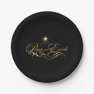 Black with Ornate Gold Peace on Earth Paper Plates