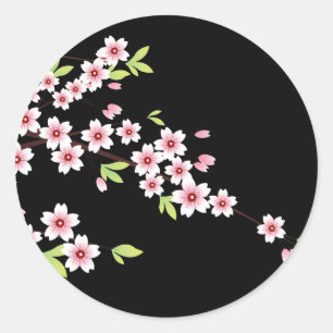 Black with Pink and Green Cherry Blossom Sakura Classic Round Sticker