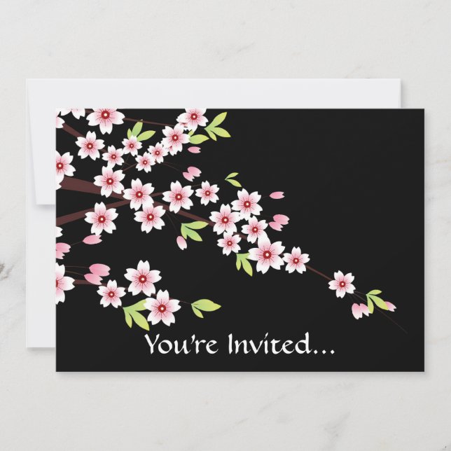 Black with Pink and Green Cherry Blossom Sakura Invitation (Front)