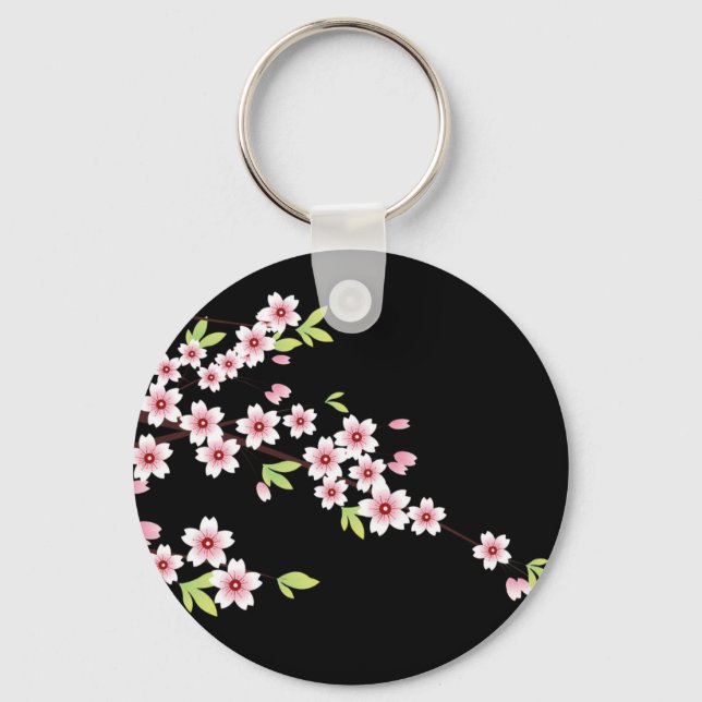 Black with Pink and Green Cherry Blossom Sakura Key Ring (Front)