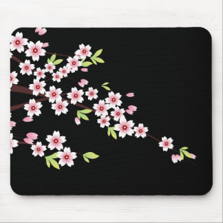 Black with Pink and Green Cherry Blossom Sakura Mouse Mat