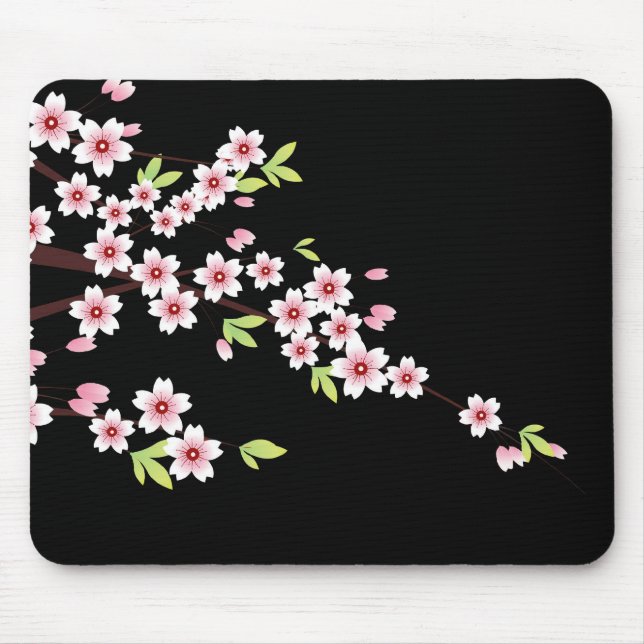 Black with Pink and Green Cherry Blossom Sakura Mouse Mat (Front)