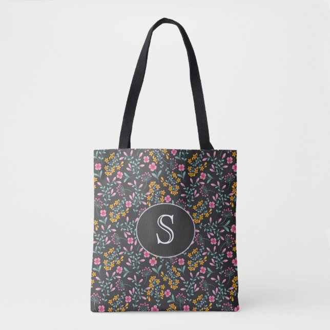 Black with Pink and Yellow Floral Monogram Tote Bag (Front)