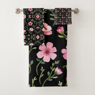 Black With Pink Floral Three Piece  Bath Towel Set