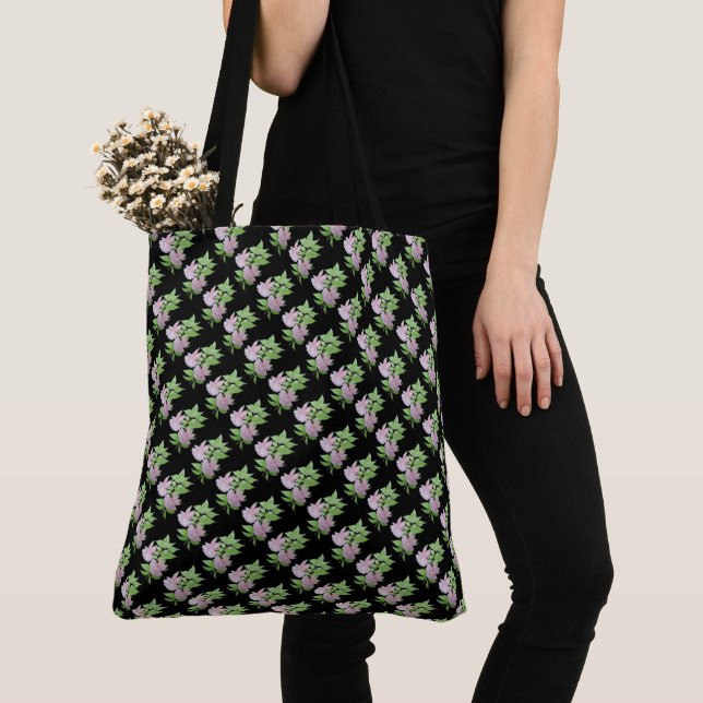 black with Pink flowers and leafs floral  Tote Bag (Close Up)