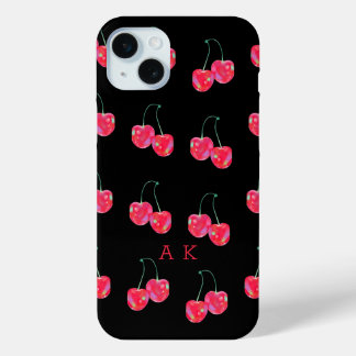  BLACK WITH PINK HOLOGRAPHIC CHERRIES  PRINT iPhone 15 MINI CASE