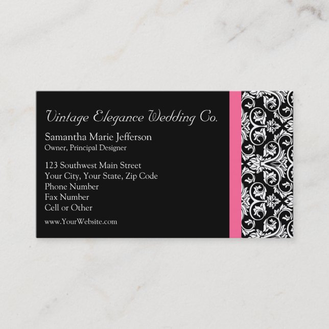Black with Pink Passion Damask Business Card (Front)