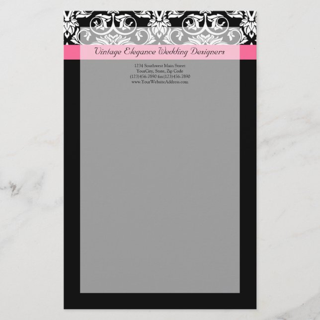 Black with Pink Passion Damask Stationery (Front)
