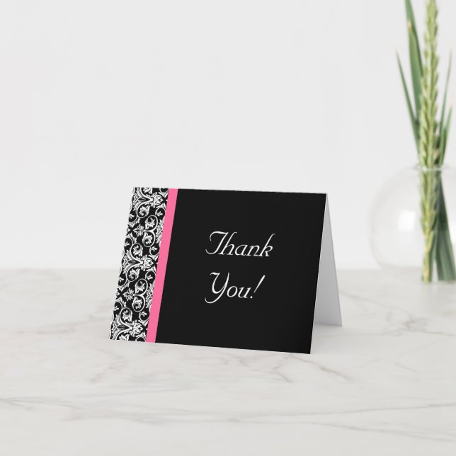 Black with Pink Passion Damask Thank You Card (Front)