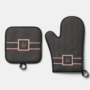 Black with Pink Pinstripes Oven Mitt & Pot Holder Set