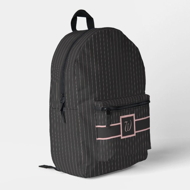 Black with Pink Pinstripes Printed Backpack (Back Corner Left)