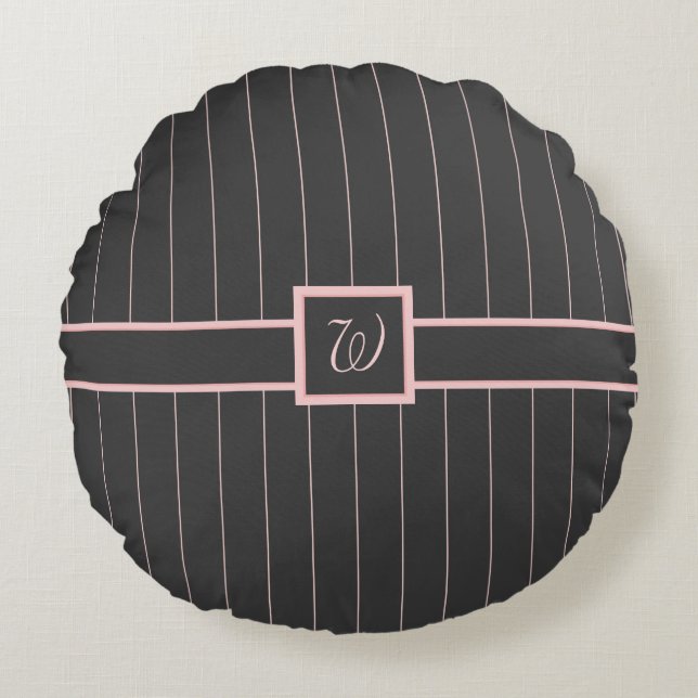 Black with Pink Pinstripes Round Pillow (Front)
