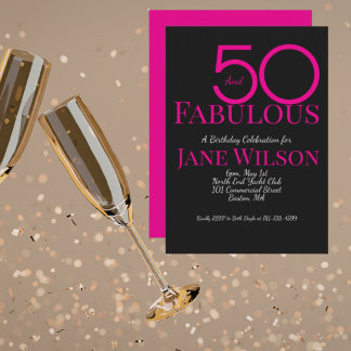 Black with Pink Text 50 and Fabulous Birthday Invitation