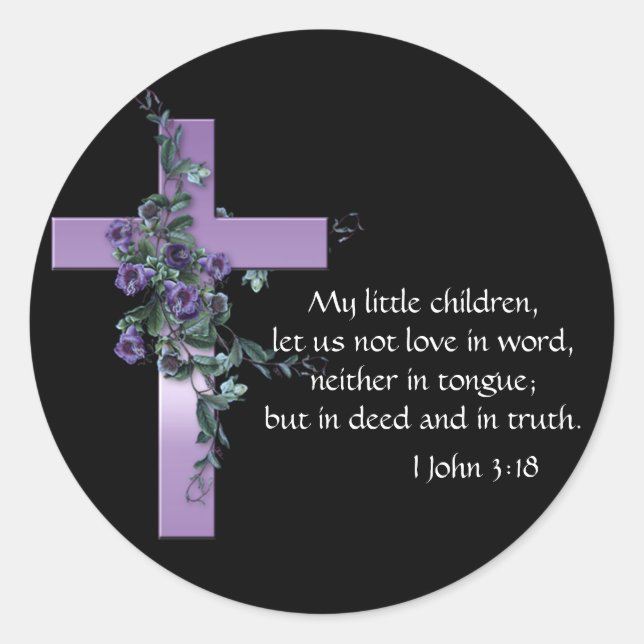 Black with Purple Cross & Purple Flowers Classic Round Sticker (Front)