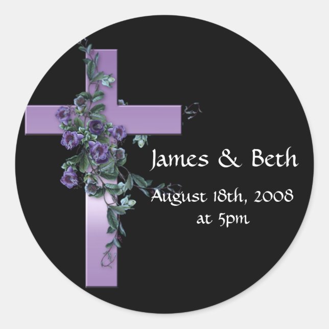 Black with Purple Cross with Purple Flowers Classic Round Sticker (Front)