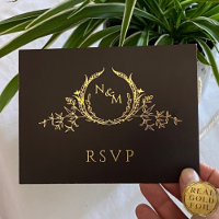 Black with Real Gold Foil Wedding RSVP Postcard
