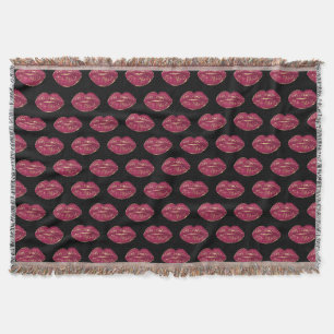 Black with Red Lips Throw Blanket