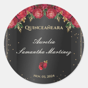 Black with Red Roses Quinceañera Calcamonias Classic Round Sticker