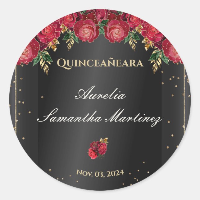 Black with Red Roses Quinceañera Calcamonias Classic Round Sticker (Front)
