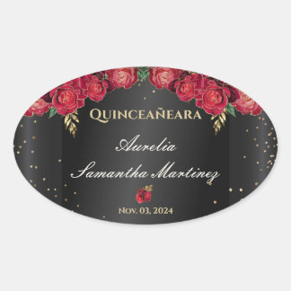 Black with Red Roses Quinceañera Calcamonias Oval Sticker