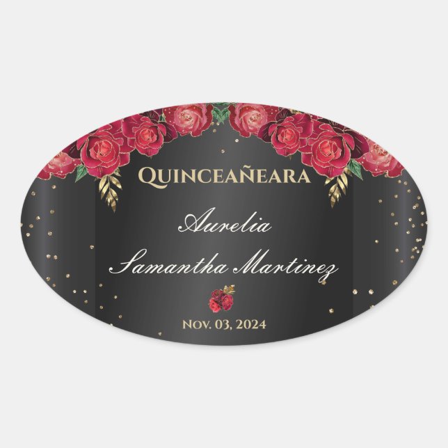 Black with Red Roses Quinceañera Calcamonias Oval Sticker (Front)