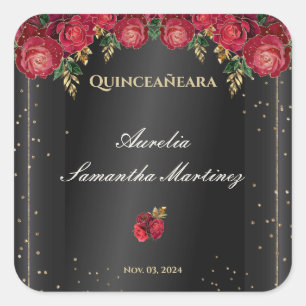 Black with Red Roses Quinceañera Calcamonias Square Sticker