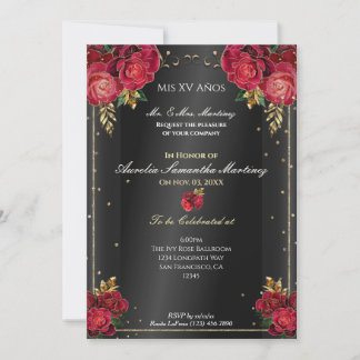 Black with Red Roses Quinceañera Invitations