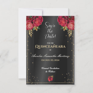 Black with Red Roses Quinceañera Save the Date