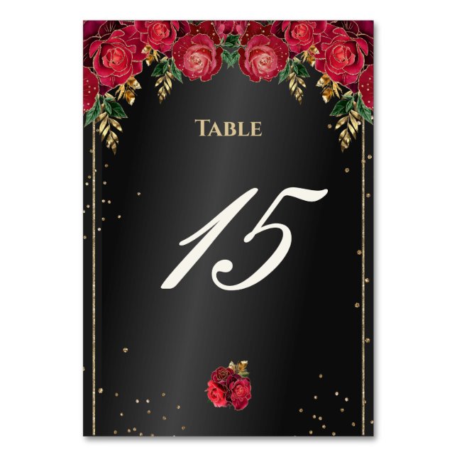 Black with Red Roses Quinceañera  Table Number (Front)