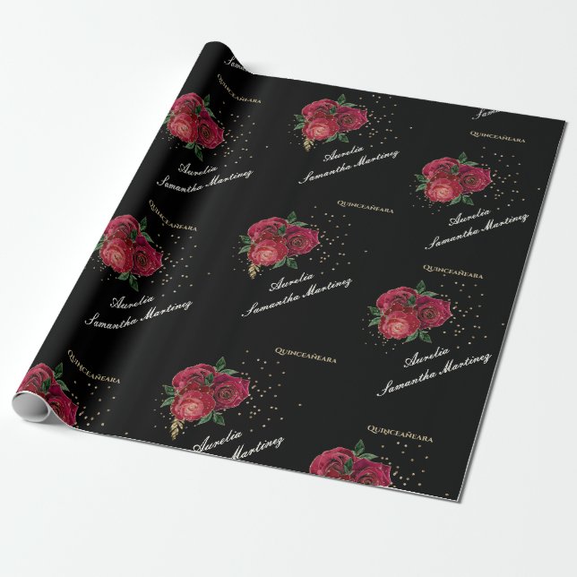 Black with Red Roses Quinceañera Wrapping Paper (Unrolled)