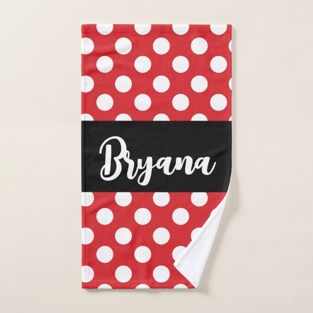 Black With Red White Polka Dots Personalised Bath Towel Set (Hand Towel)
