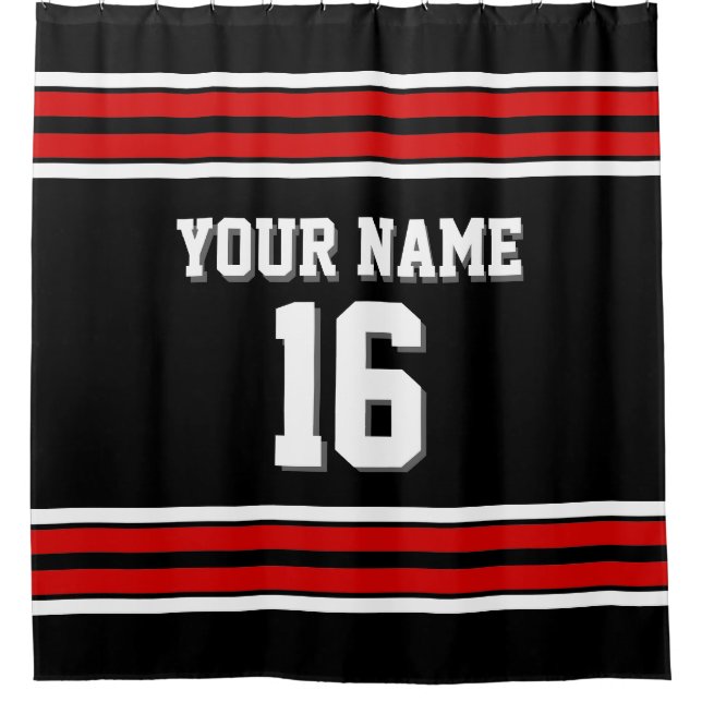 Black with Red White Stripes Sports Jersey Shower Curtain (Front)