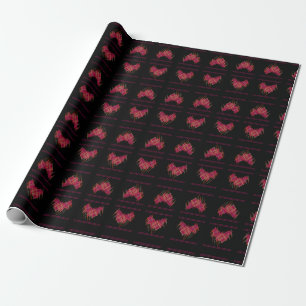 Black with repeat patterns in wine color red wrapping paper