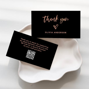 Black with Rose Gold Script and Heart Thank You Business Card