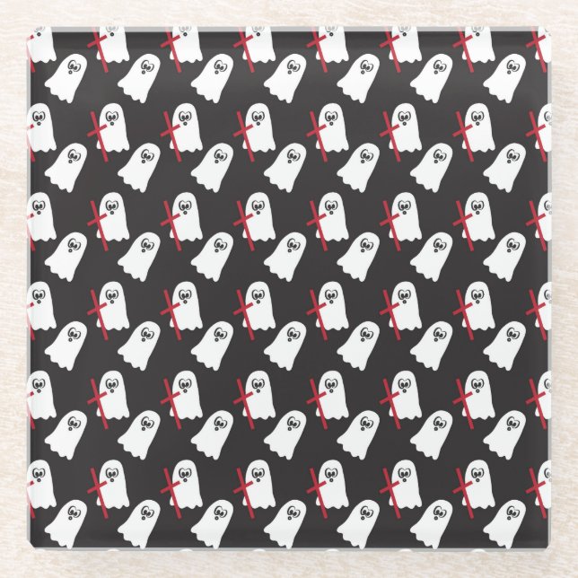 BLACK WITH ROWS OF LITTLE WHITE GHOSTS GLASS COASTER (Front)