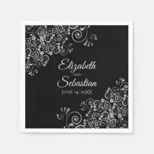 Black with Silver Frills Elegant Wedding Napkin