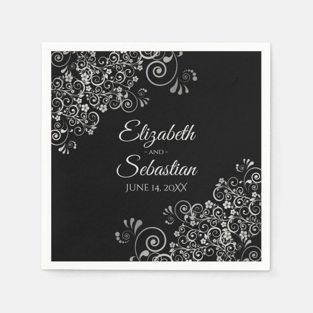 Black with Silver Frills Elegant Wedding Napkin (Front)