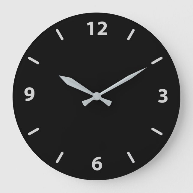 Black with Silver Grey Minimalist Contemporary Large Clock (Front)