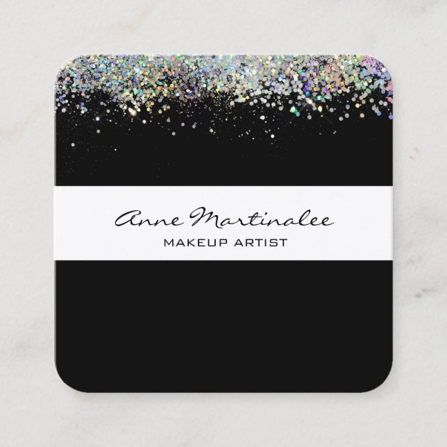 Black with Silver Holographic Look Faux Glitter  Square Business Card (Front)