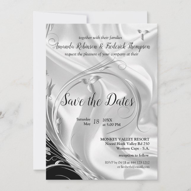 Black with Silver on Champagne Silk Save the Dates Invitation (Front)