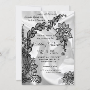 Black with Silver on Champagne Silk Wedding Invita Invitation